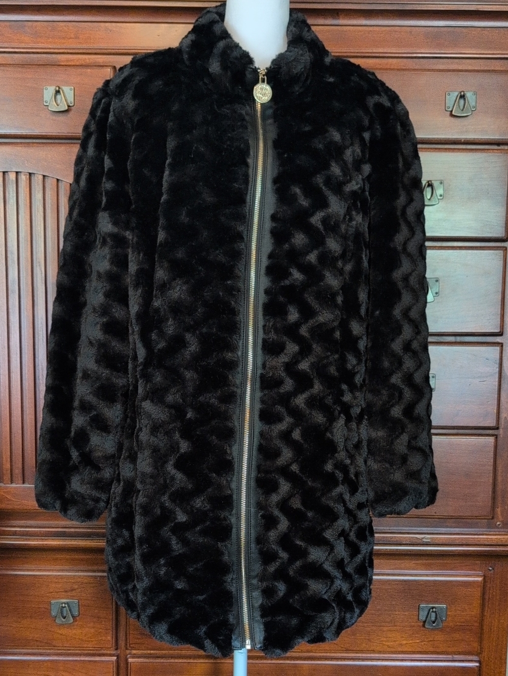 dennis basso Black Plush Teddy Coat with Gold Zip Pull